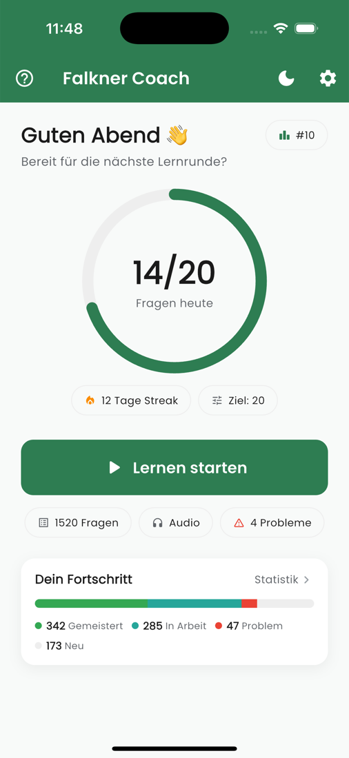 Falkner Coach App: Startseite mit Tagesziel-Ring und Lern-Streak